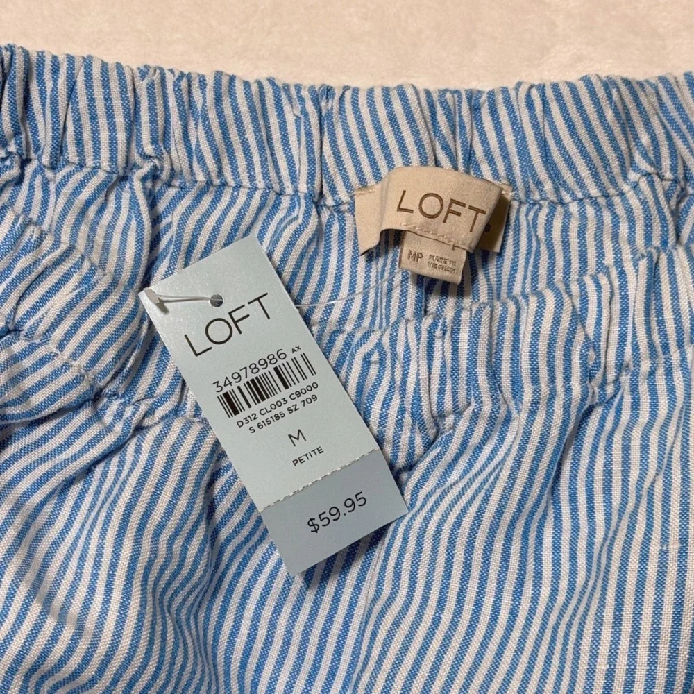 Loft Blue Stripe One Shoulder Top Medium Petite NWT Linen Blend Puff Sleeve